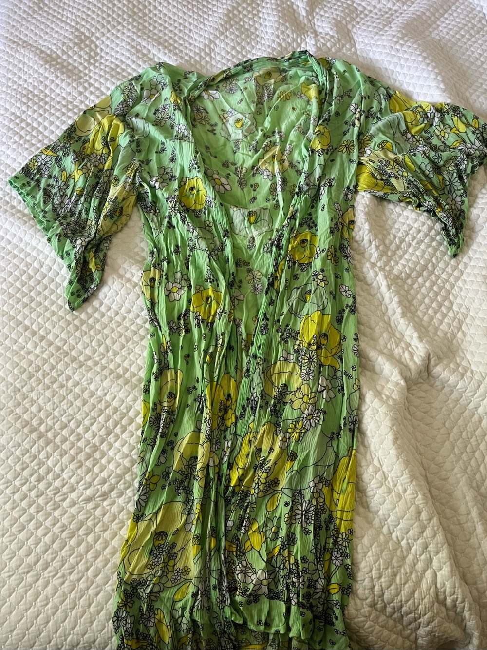 Green Floral Women's Kimono with Yellow Accents